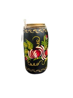Vintage Handpainted Mason Jar 1858 #6 Black Folkart Toleware Vase Unique 7”